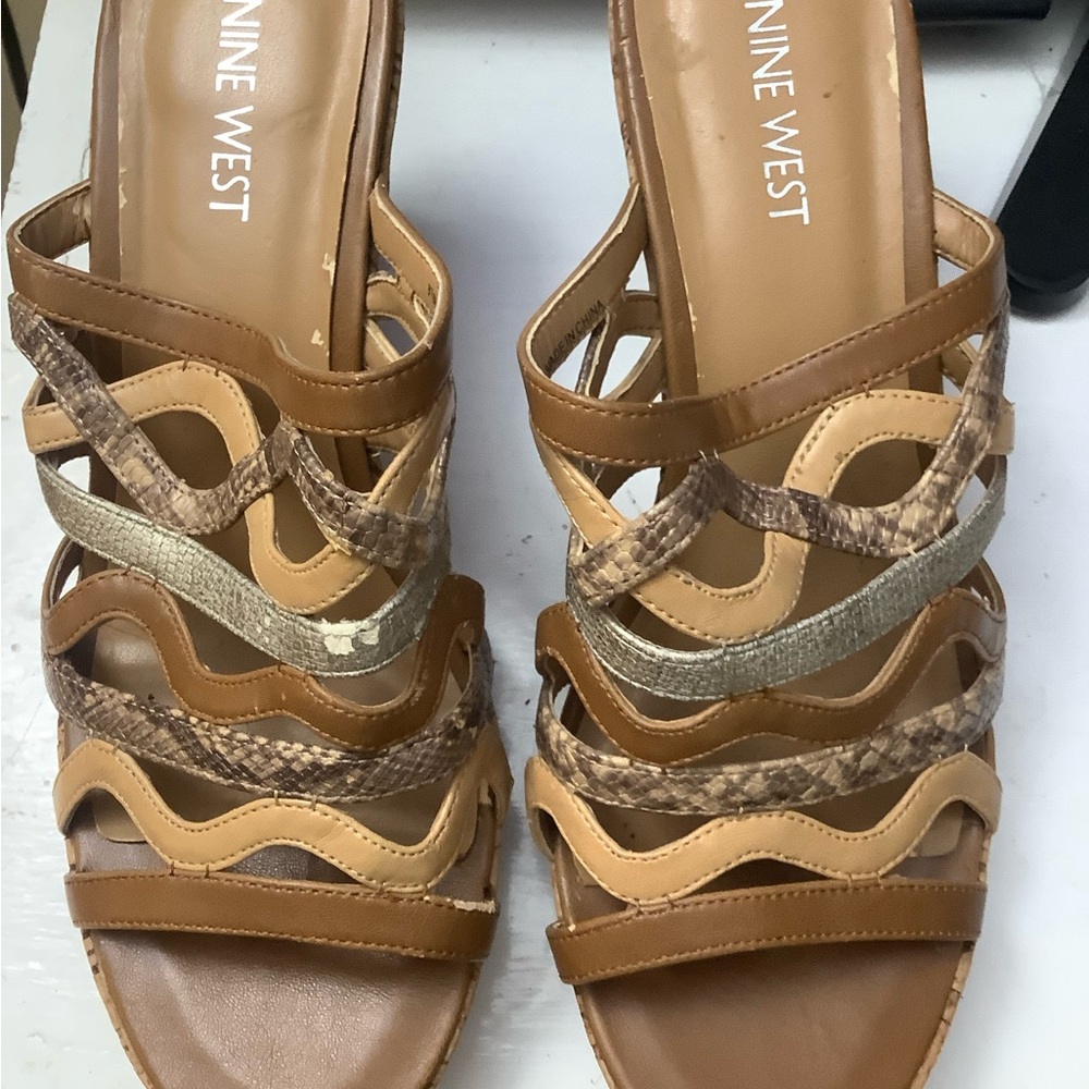 Nine West Brown Tan Multi-Texture Wavy-Strap Sandals